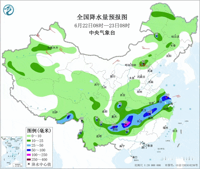 【一周天气——梅雨锋南北摆动】本周（6月22日-28日），梅雨锋的降雨带先南落，