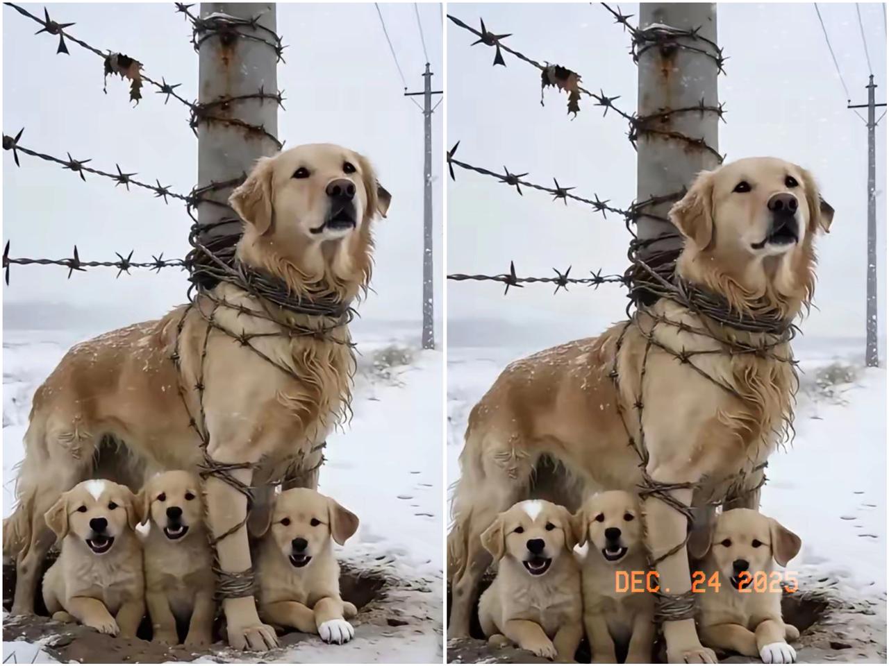 泪目了！郊外，暴风雪真大，路都快看不清了，一条小路边，一根电线杆，上面绑着一只