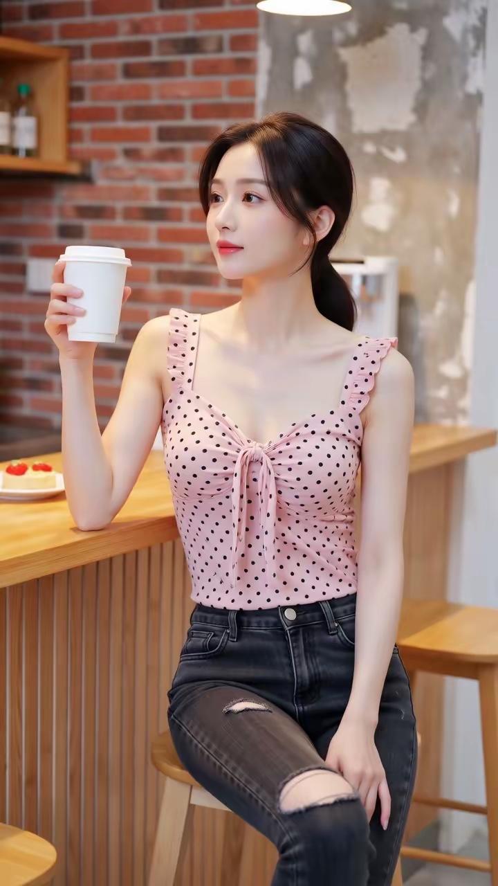 悠闲下午茶时光，甜美波点上衣搭配牛仔裤，享受咖啡的惬意。