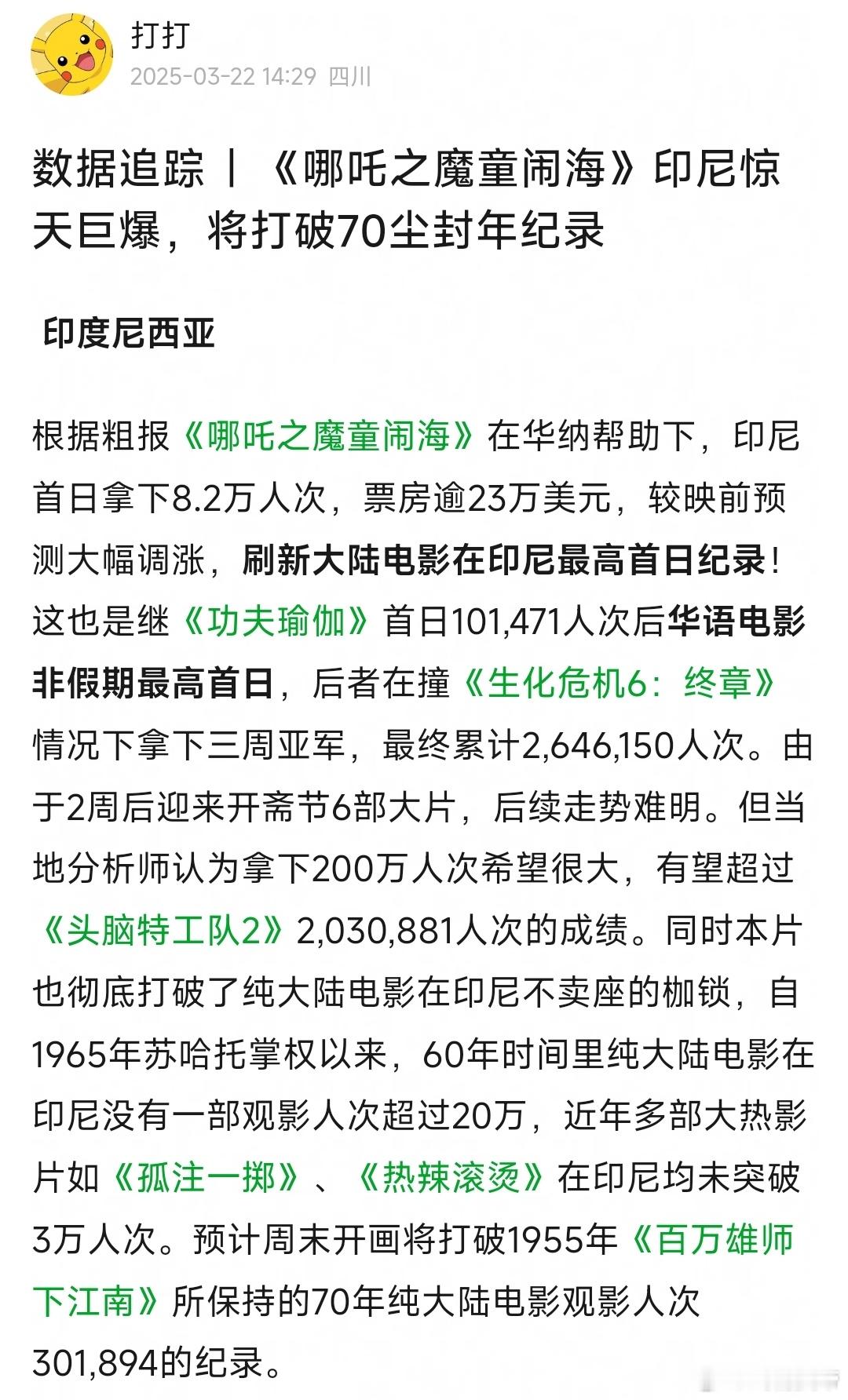 哪吒2内地外市场票房最新播报，划重点：1.印尼首日惊天巨爆！！！💥2.截至到3