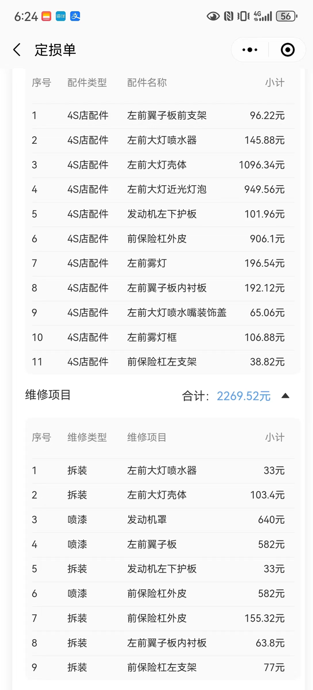 保险定损单有没有坑车出库撞到隔壁车，我全责，对方定损单前保险杠外皮是配件，然后
