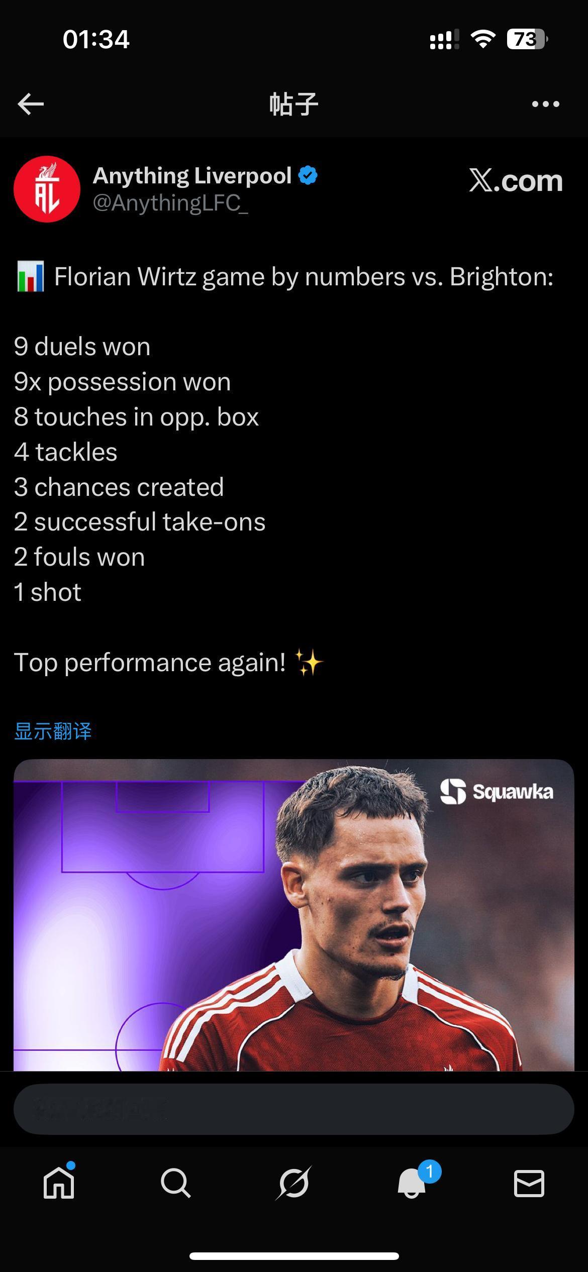 维尔茨本场数据，又是有进步，就是没进球，也没混到助攻，好邪门。赢得对抗9