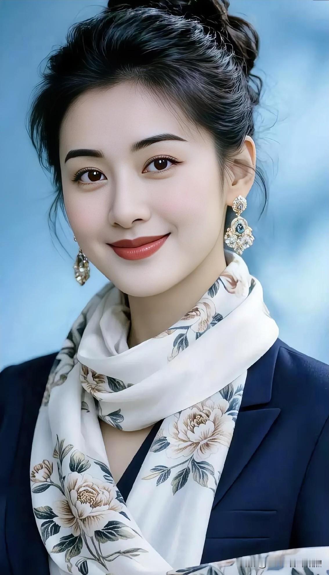 一抹墨蓝邂逅素雅花影，丝巾漫卷如春日画卷。她笑意盈盈，温婉动人，让心灵在书香与茶