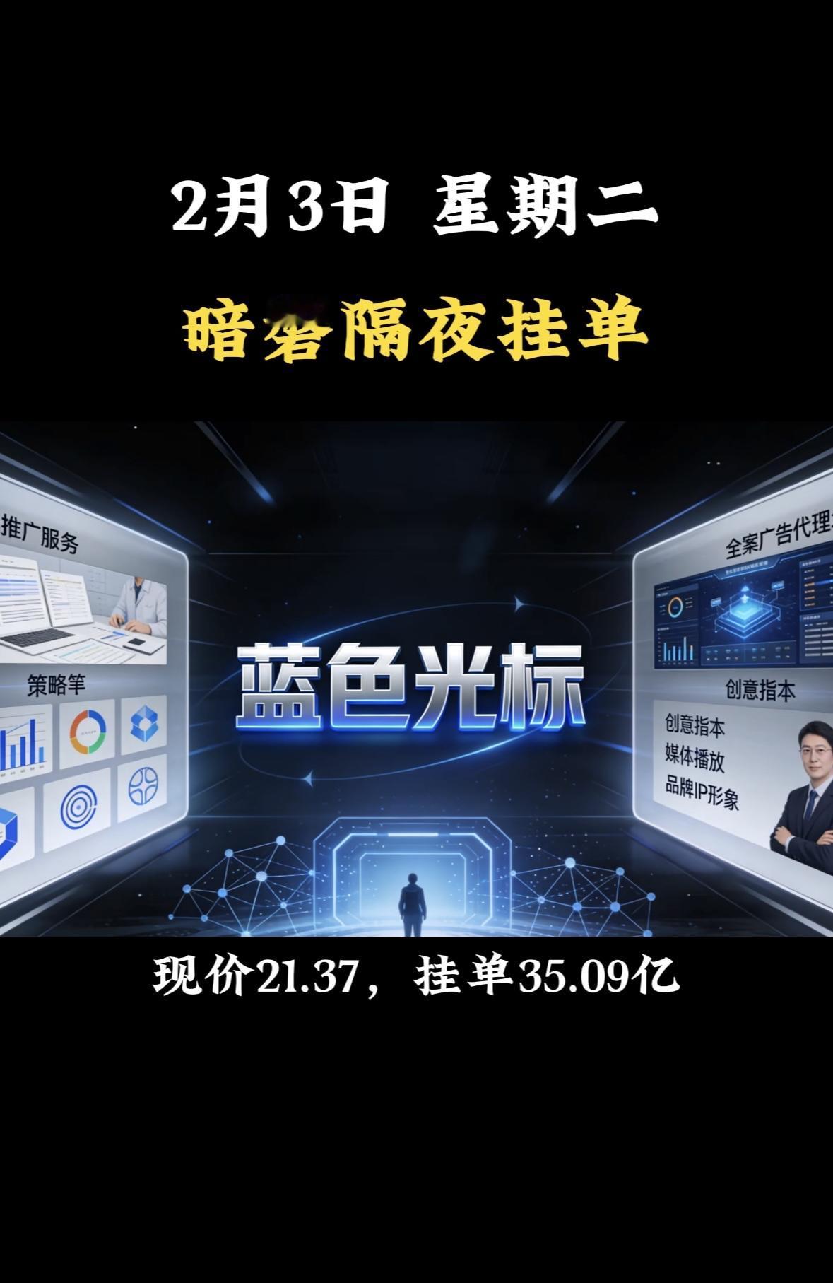 暗盘隔夜挂单，现价9.91，挂单62.59亿，把握机会！蓝色光标提供全案广告