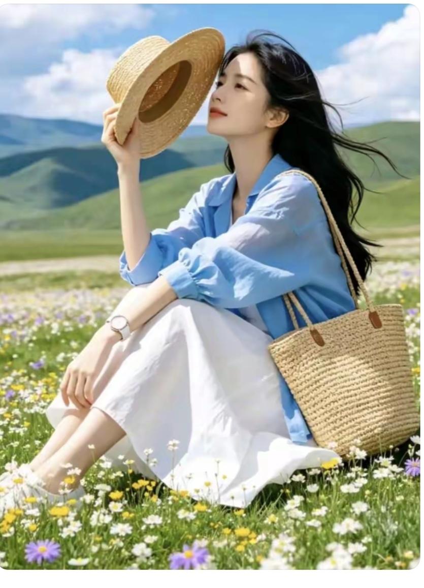 观“花”春夏时节花儿开；美女独自观花海；娇衫小裙身上穿；手表点缀有气质；