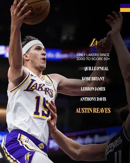 湖人本世纪队史的5位50+先生：奥尼尔、科比、詹姆斯、浓眉和里夫斯。里夫斯可能自