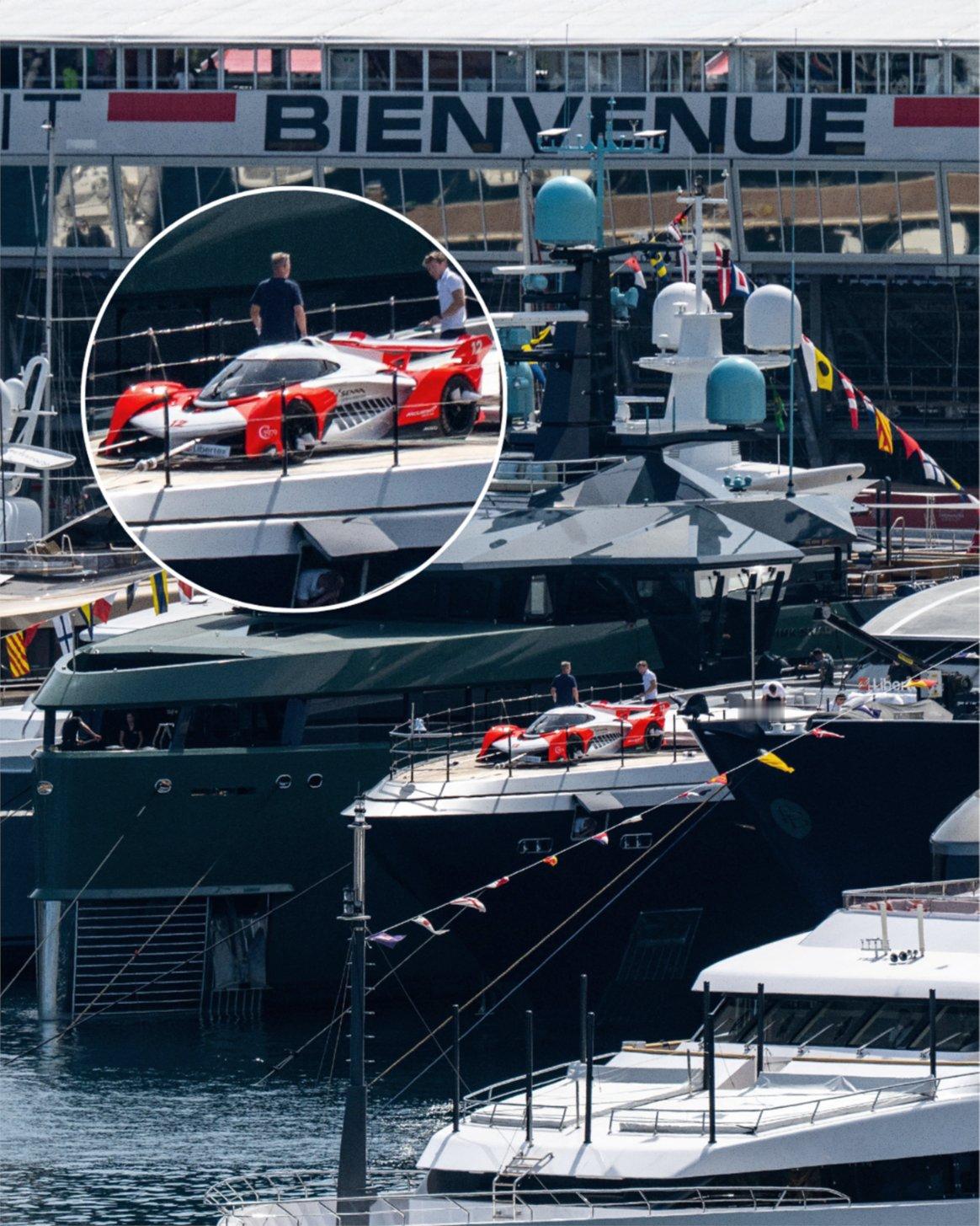 F1本周末，在摩纳哥港口停放的Sarastar号游艇的甲板上摆放一辆稀有超跑—