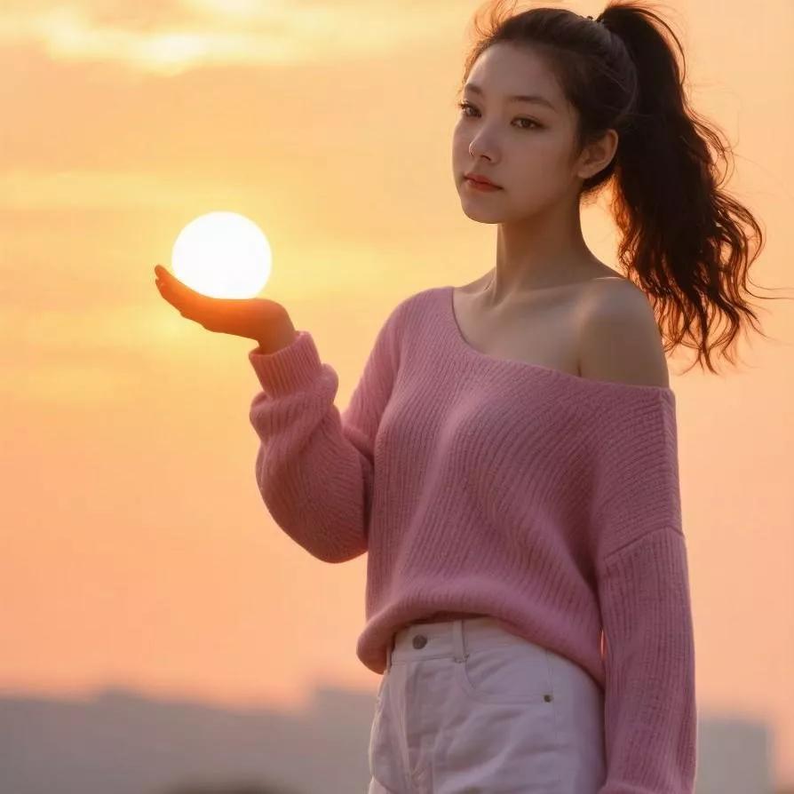夕阳下的少女，温柔地握住太阳阳光少女照秋日少女照逆光少女照轻纱夕阳照黄昏