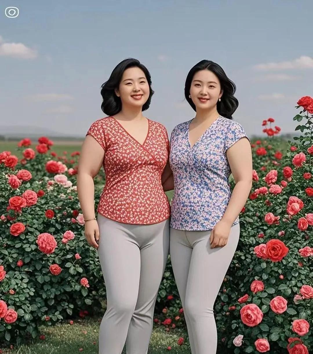 姐妹俩对花卉爱得深沉。闲暇时光，她们总穿梭于花海。姐姐钟情玫瑰的热烈，俯身轻嗅芬