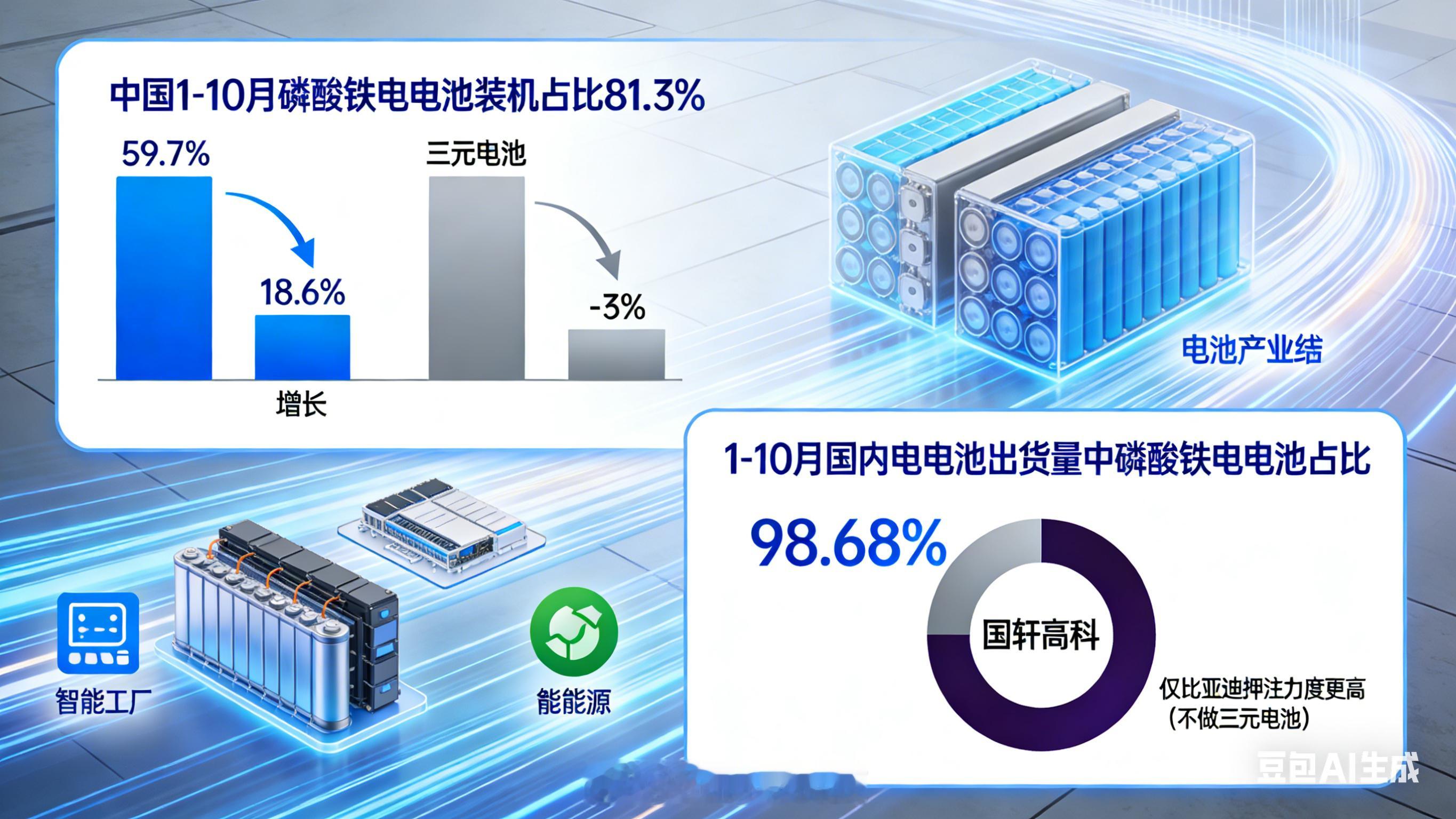 中国是磷酸铁锂电池生产、应用最成熟的市场，1-10月，国内磷酸铁锂电池装机占比已