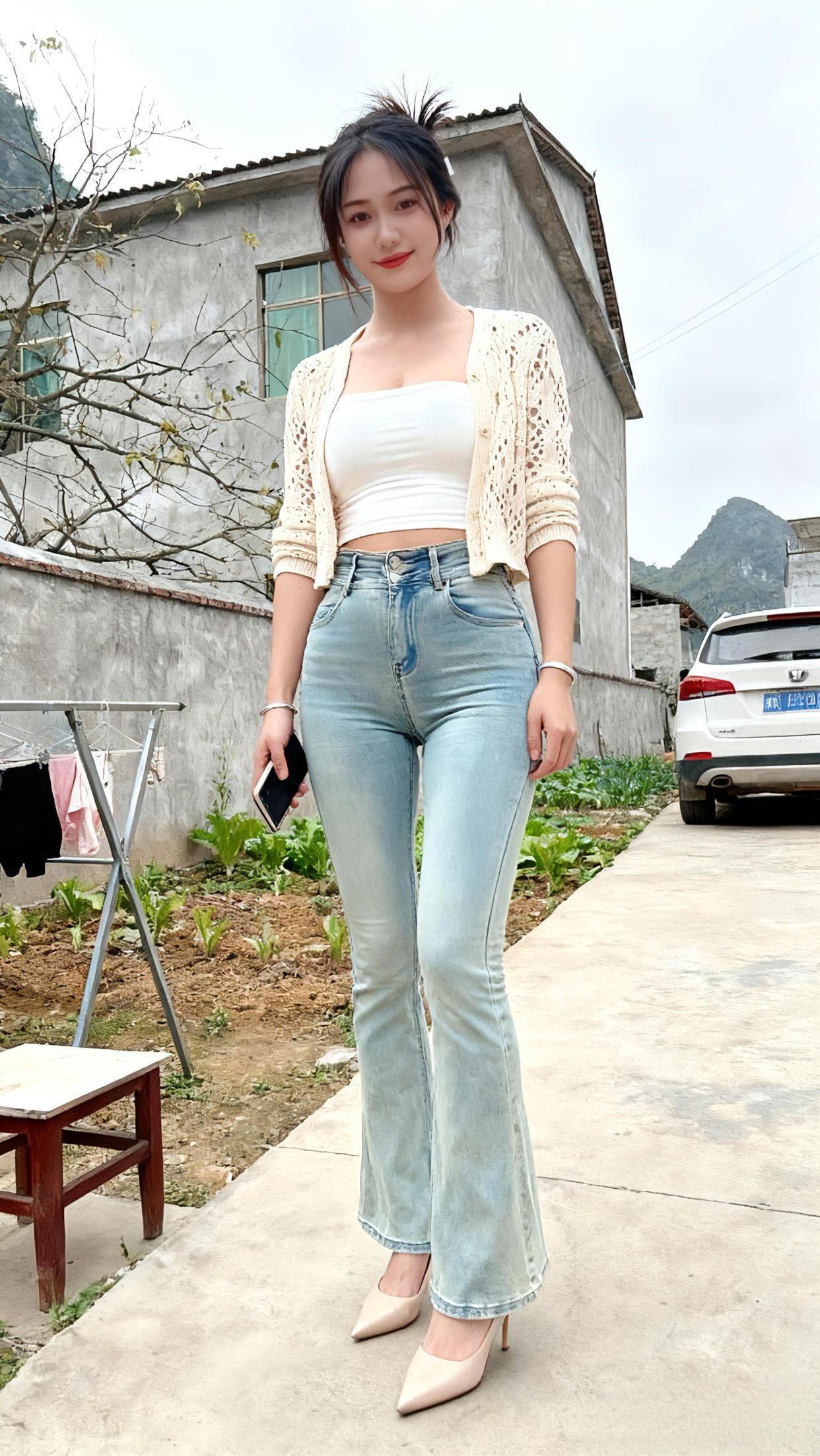 清新甜美风，白色上衣+牛仔裤，轻松出街！🌸👗👠