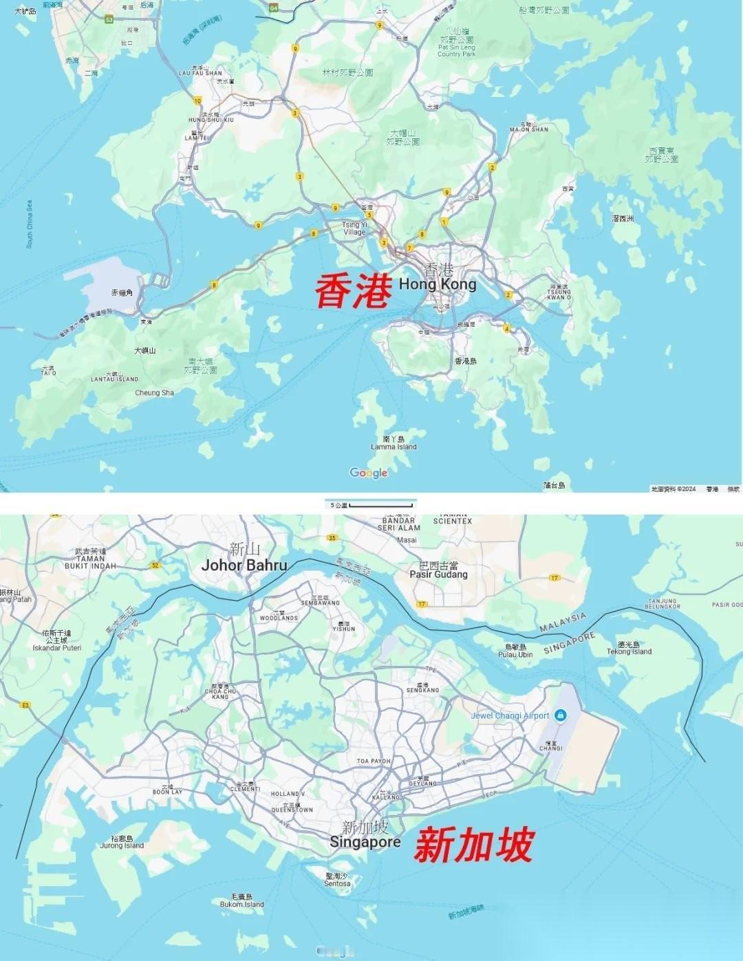 香港表面上看比新加坡大，实际上比新加坡拥挤得多。香港特别行政区土地面积1114.