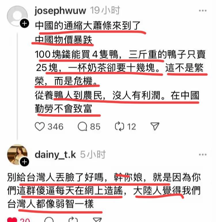 我国台湾省的网友在境外自媒体的发文！！100元能来四只鸭，三斤重的鸭，卖25元