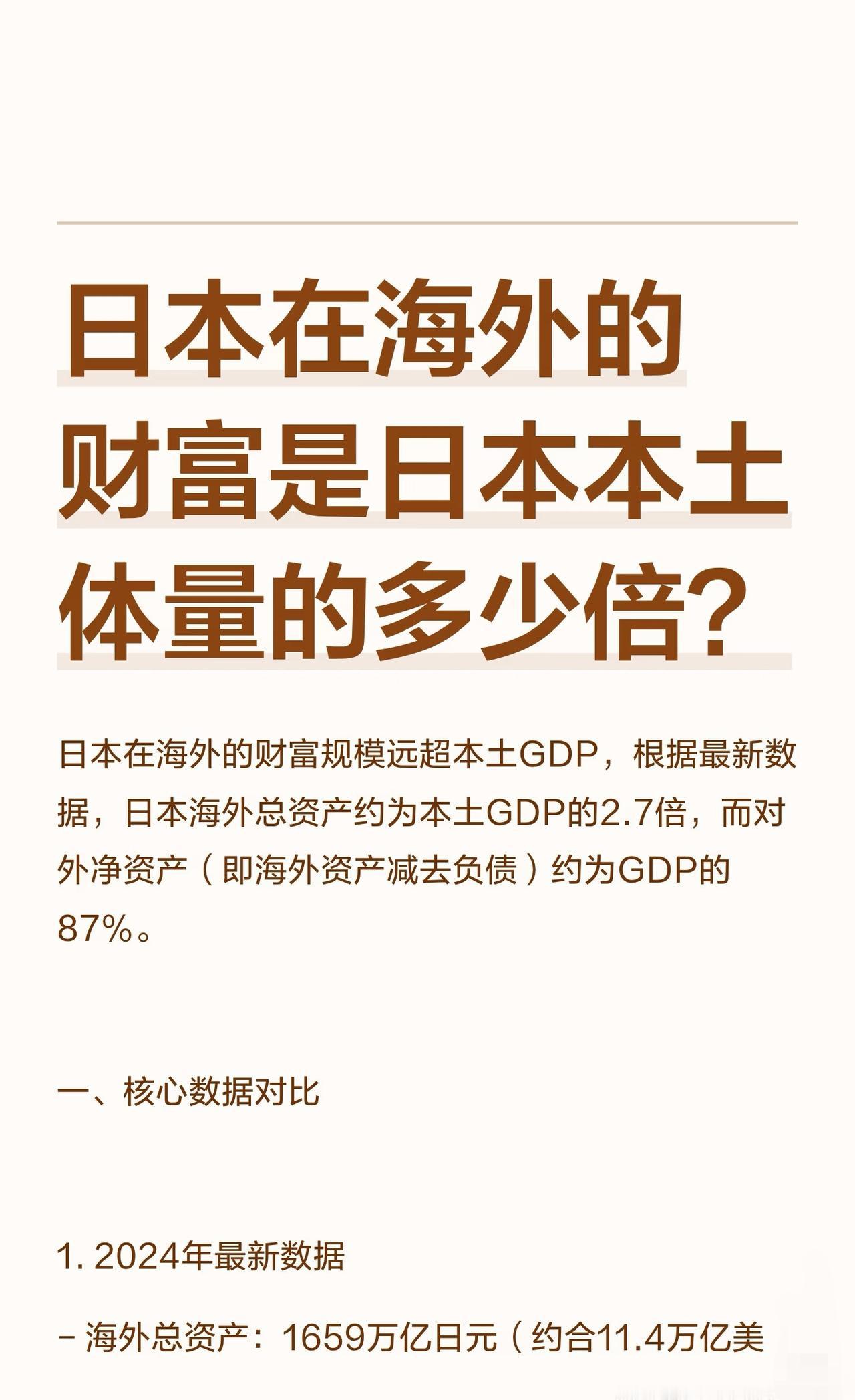 日本在海外的财富是日本本土体量的多少倍？日本海外总资产约为本土GDP的2.7倍