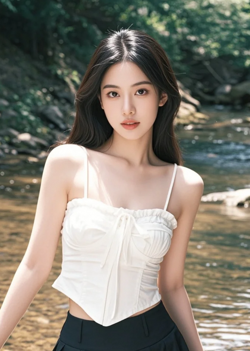 “她穿着长裙走进溪水，美得让人屏住呼吸”