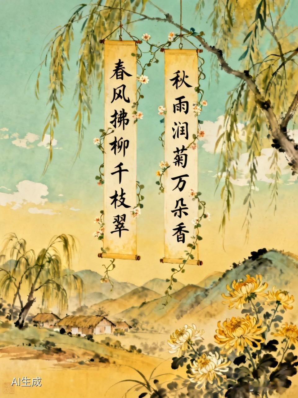 我最近原创了一副对联，自觉颇为精妙。上联“春风拂柳千枝翠”，勾勒出春日里春风轻拂