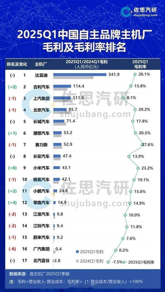 这是Q1中国车企毛利率1、排名是按毛利进行的，这个稍稍有点……毕竟品牌大小不同，