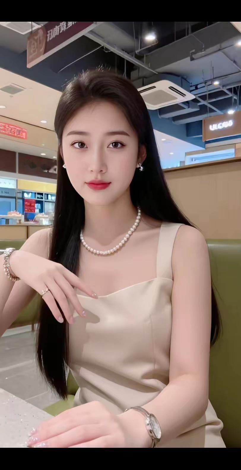 珠光玉润映佳人，笑语盈盈似画卷。