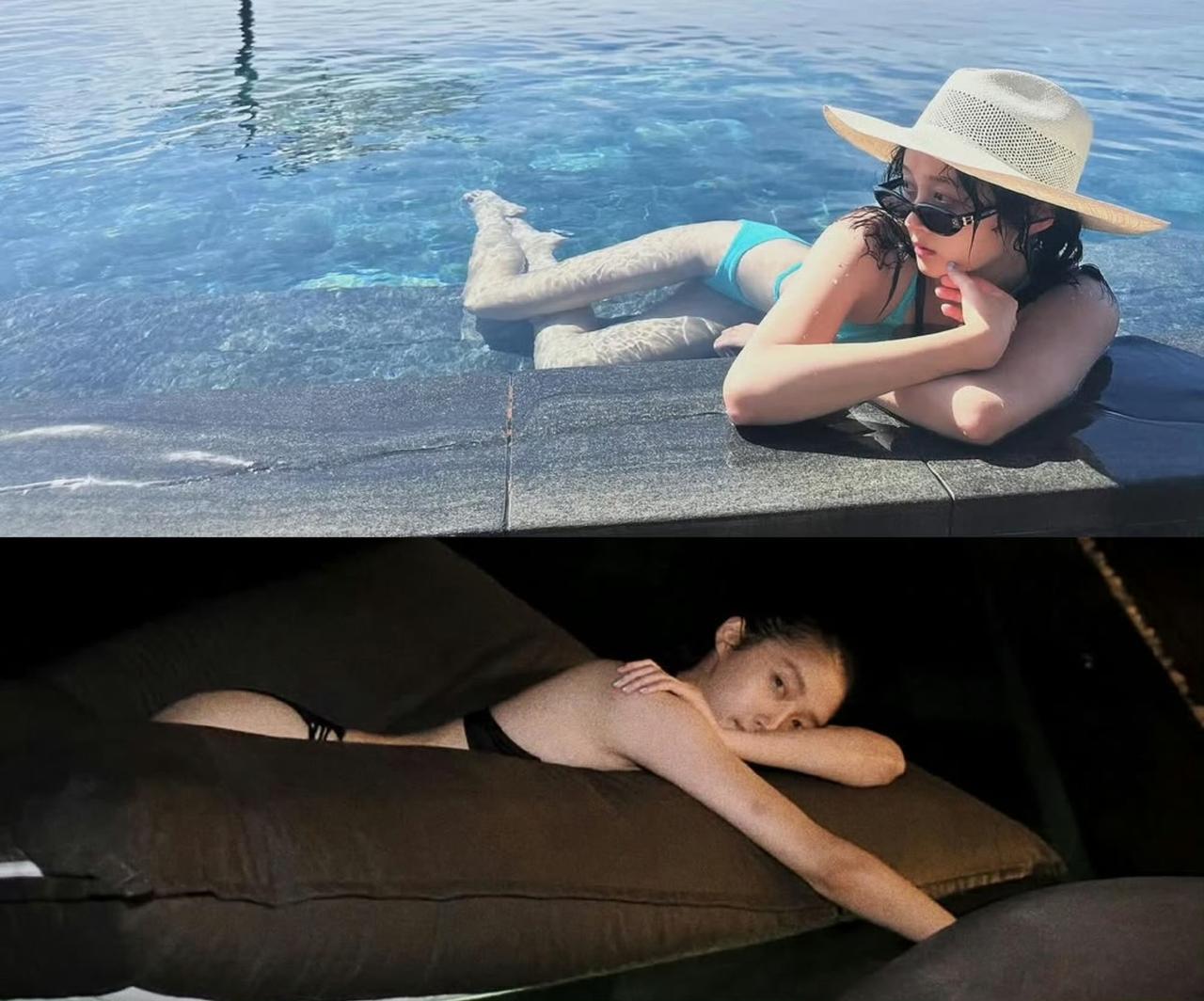 关晓彤在ins晒的泳装照，长腿逆天。虽然27岁了，感觉她还是很注意国民闺女的形象