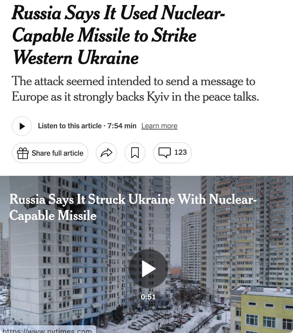 外媒：俄罗斯国防部称，1月8日向乌克兰西部发射了核能力中程弹道导弹“奥列什尼克”