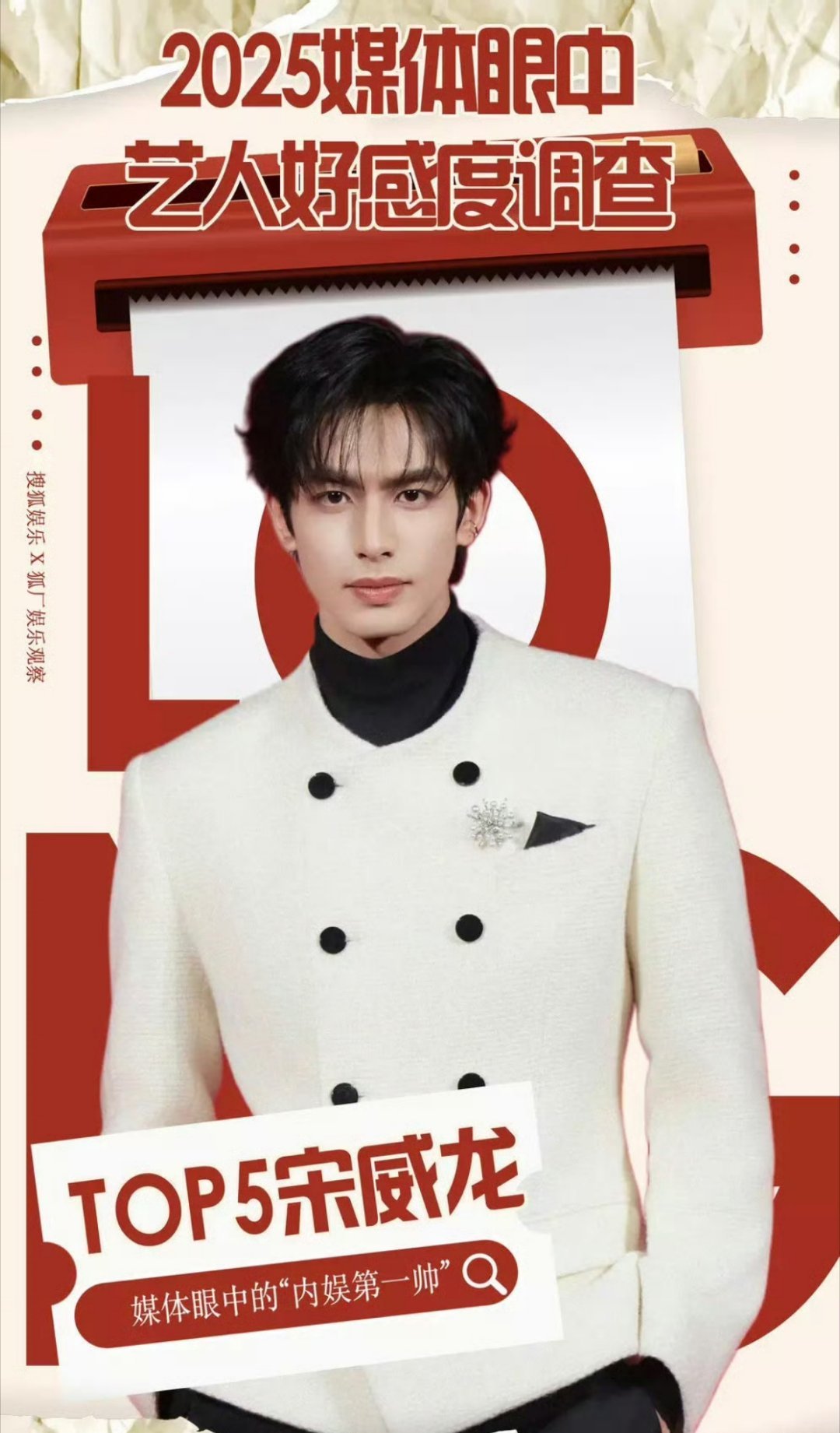 宋威龙上榜2025媒体好感度艺人top5，媒体们评价🐉是幽默接地气的内娱顶帅