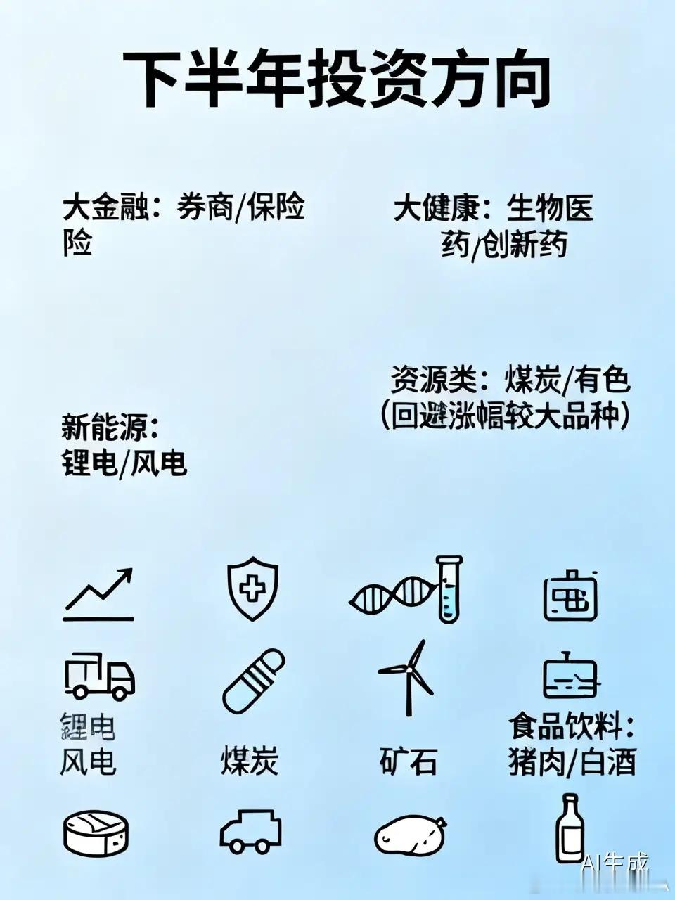 下半年这7个投资方向机会大于风险：1、大金融主攻券商和保险2、大健康主攻生物医药