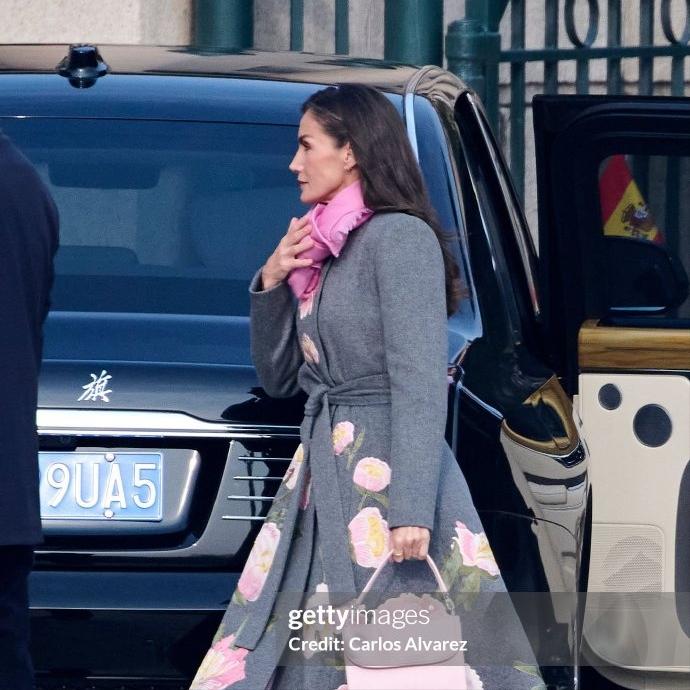 12日，西班牙王后参加欢迎仪式，灰色印花大衣现身！昨天的时候，西班牙王后抵达北