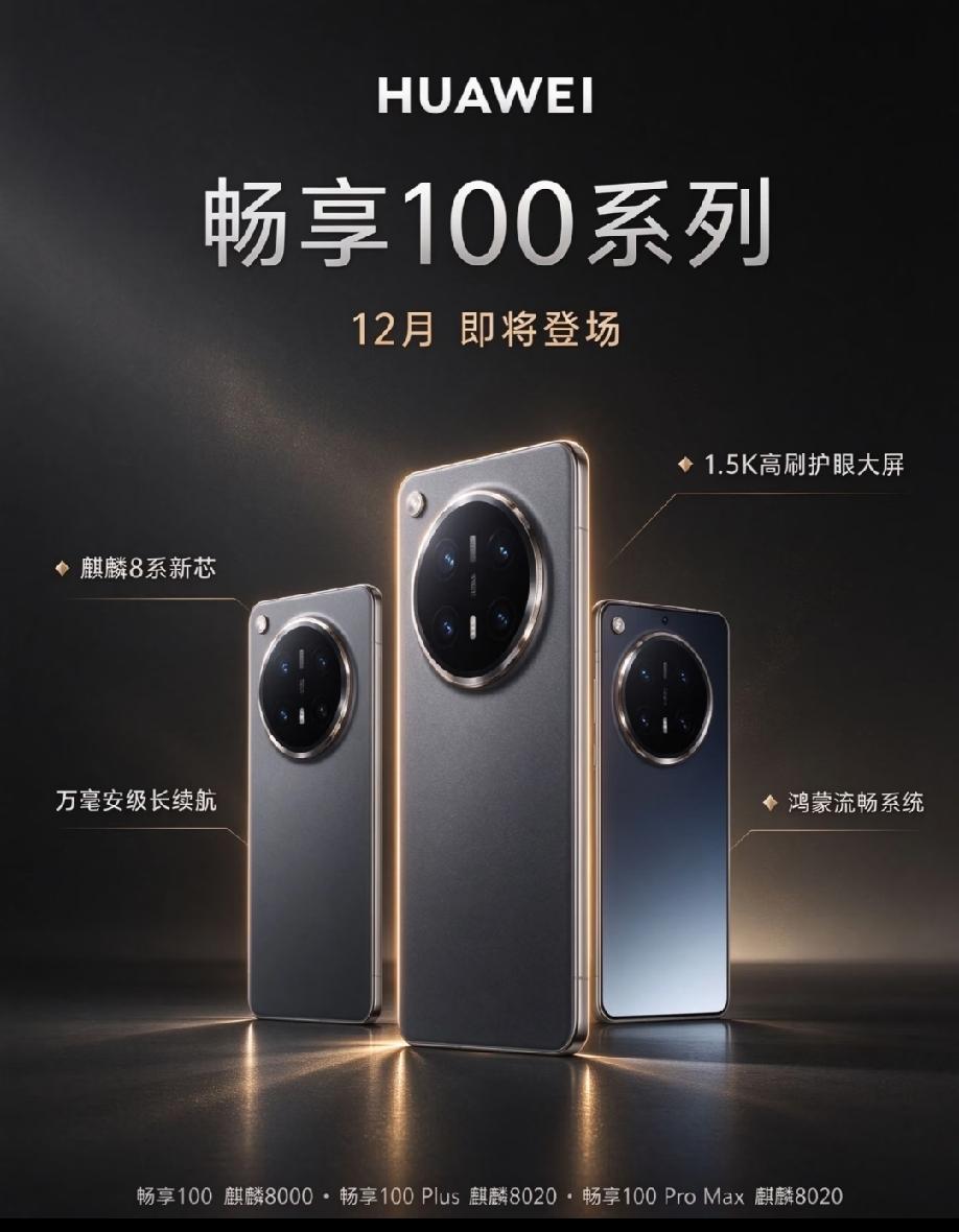 华为畅享100系列官宣，将于12月正式登场，包含三款机型，分别搭载麒麟8