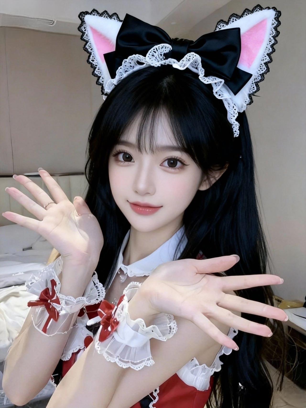 今天是猫耳女仆甜妹🎀周末宅家突然想搞点可爱的！翻出这套红白女仆装+猫耳发箍