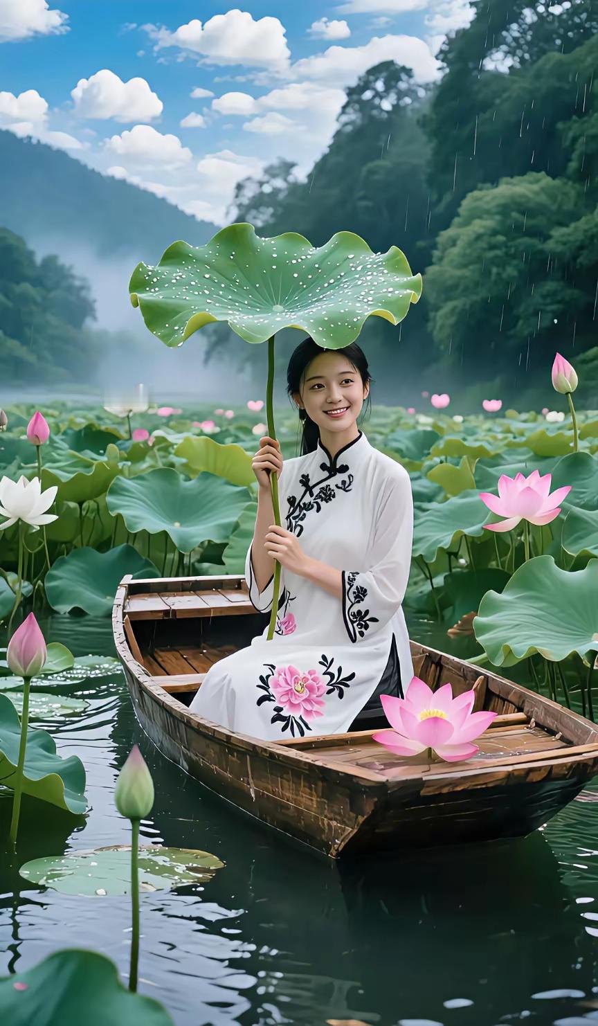 雨中撑伞赏荷，古风女子乘舟，唯美如画