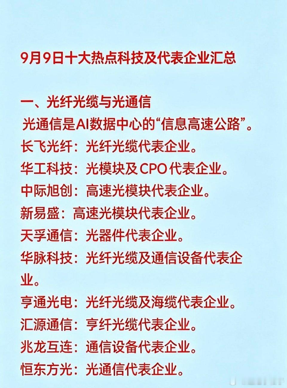 9.9十大热点赛道1、光通信/光纤（AI算力基建）核心：AI数据中心刚需高速传输通道代表：华脉科技、