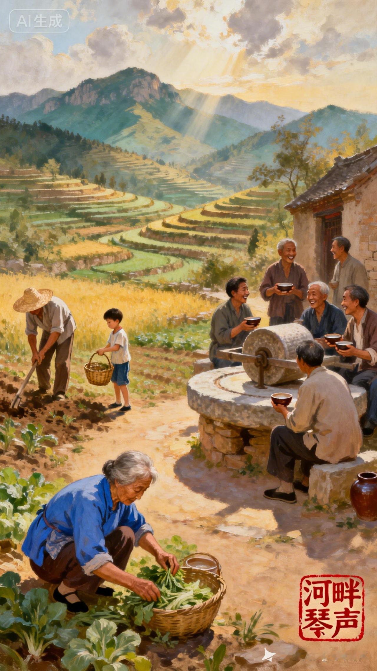 田园生活的美好瞬间，家人欢聚一堂，笑语盈盈。