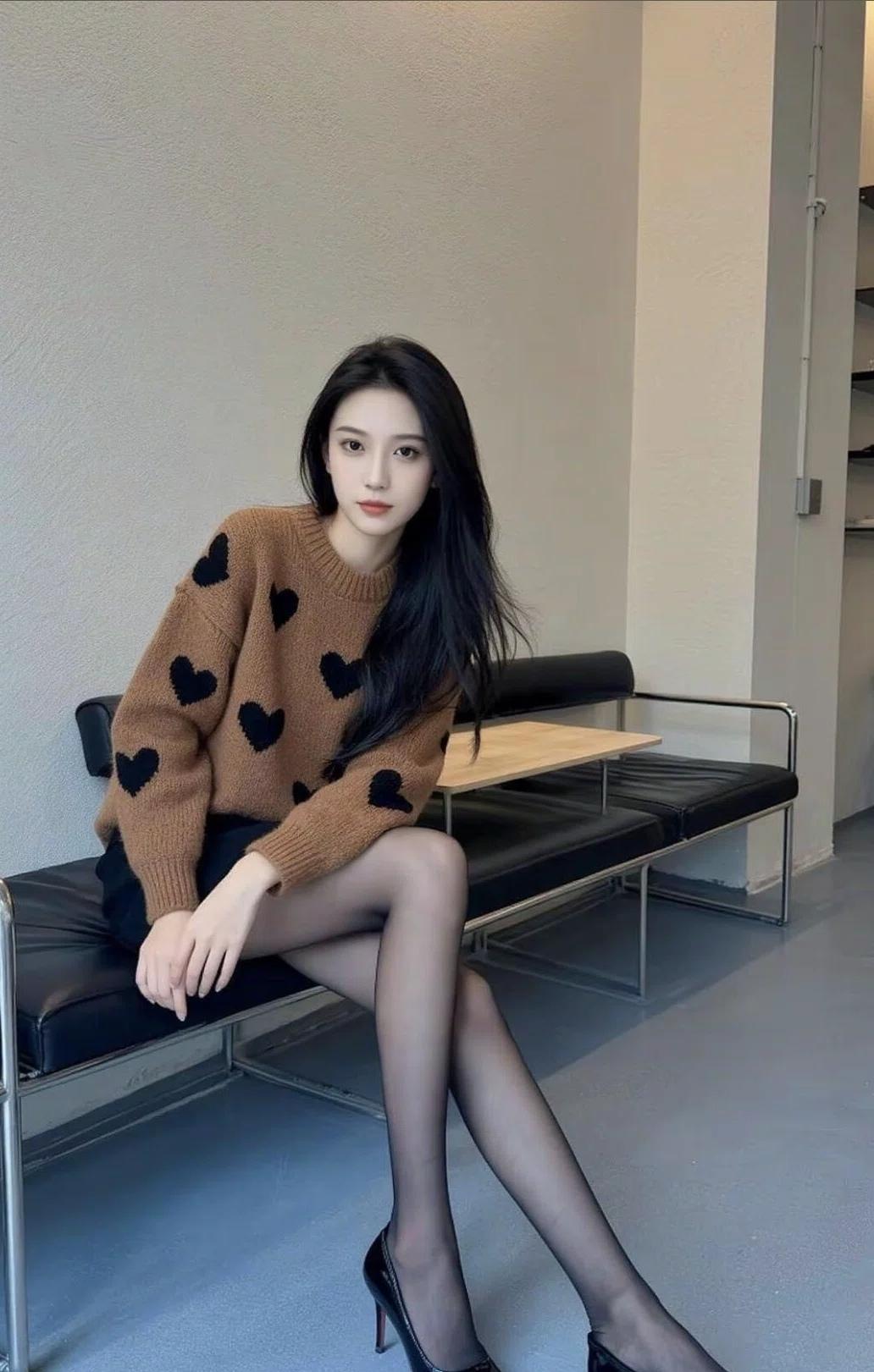 甜美少女心，黑心毛衣配黑丝袜，优雅迷人！