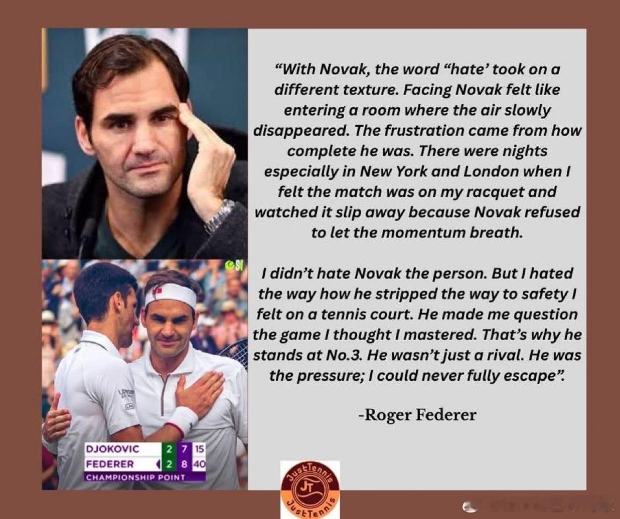 费德勒最“恨”的居然是纳达尔“我终于要谈谈我在赛场上从未解释过的事情了。人们喜欢