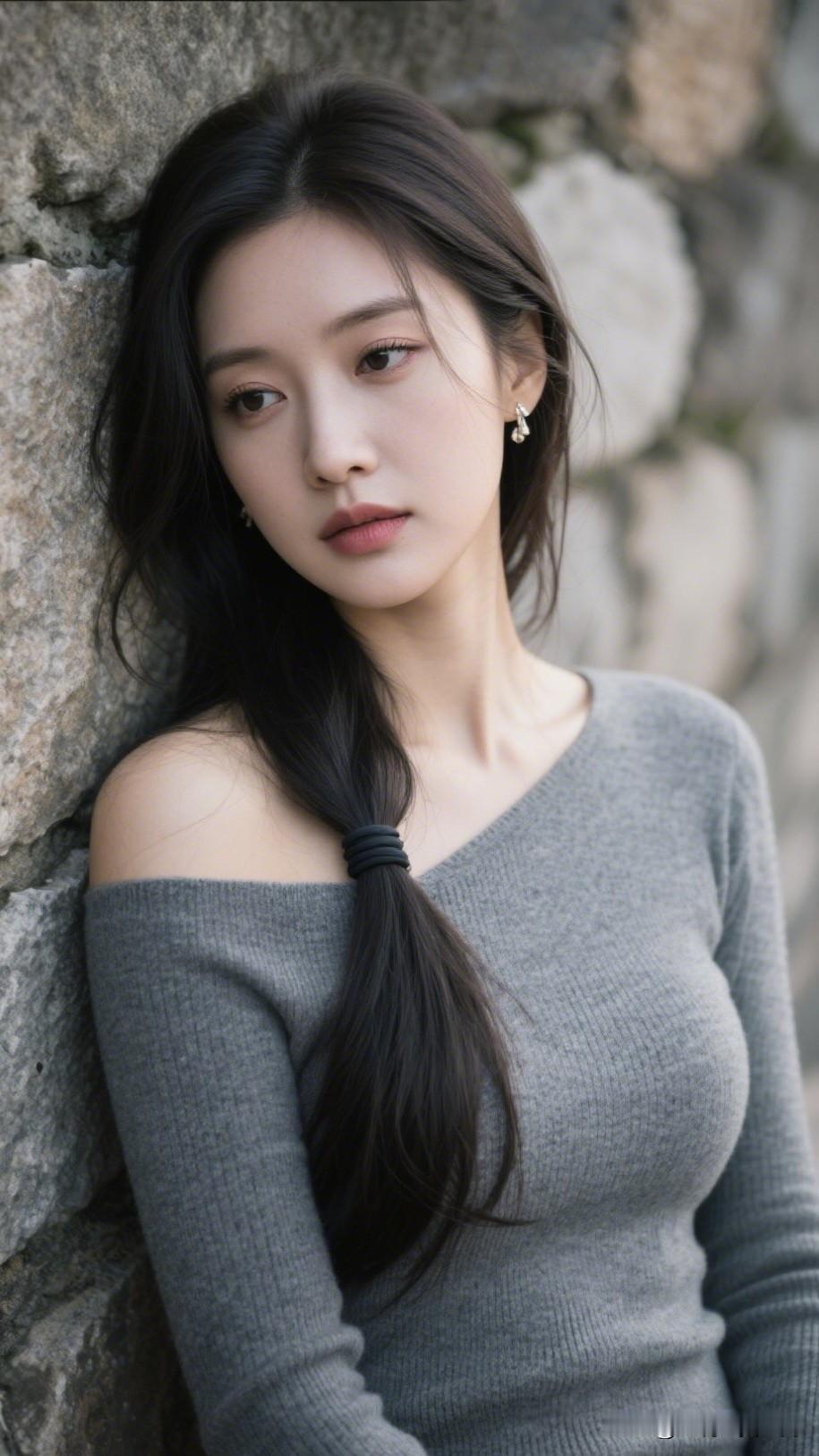 倚石倚石倚，美人美人美。什么样的女人最令人着迷沉静的少女，倚靠石墙，黑发飘逸，