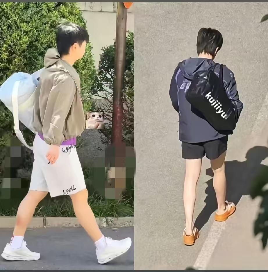 两小只上训了，莎莎一身浅色系，卡其色外套加白色短裤，连包包也是白色的，