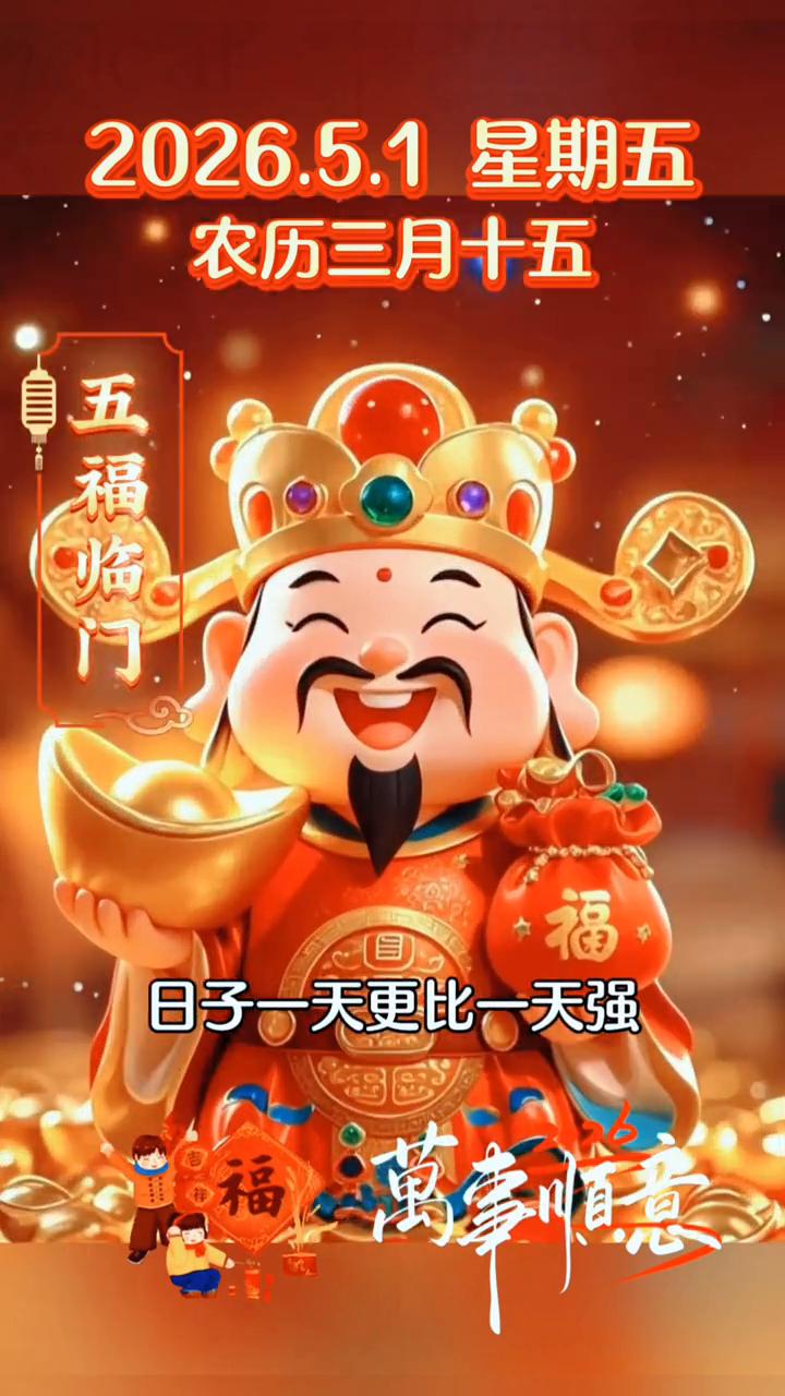 今天是5月1日，农历三月十五。五月的第一天遇上五福临门，祝你清早开门财气旺，日子