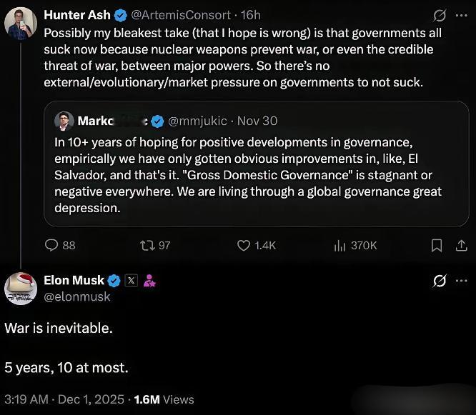 世界首富马斯克，在X平台与网友进行互动时表示，战争已经不可避免。至于爆发的时间，