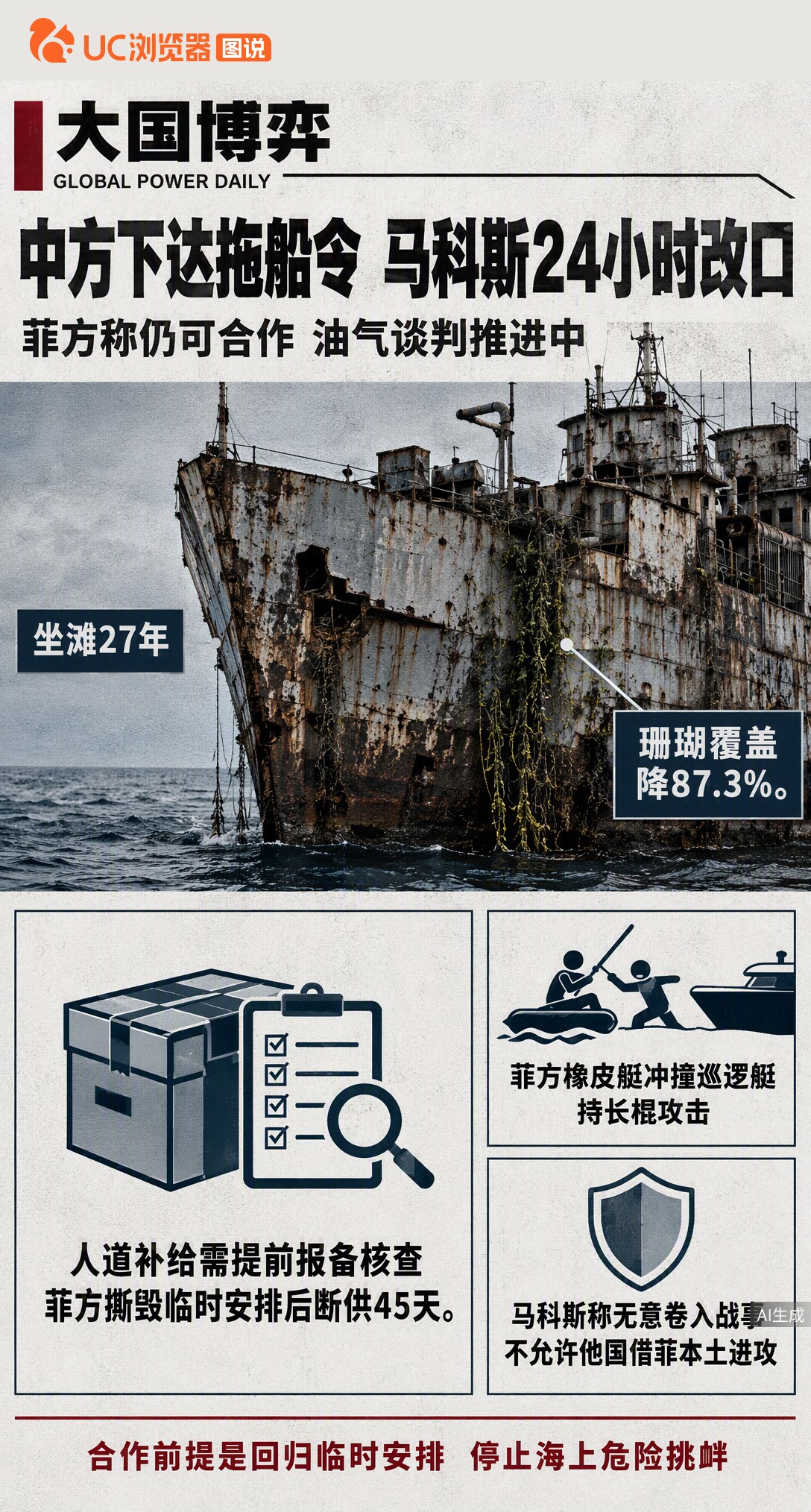 国防部刚要求菲方拖走坐滩军舰，不到24小时马科斯就改口称仍可合作。一边谈油气勘探，一边在仁爱礁毁约冲