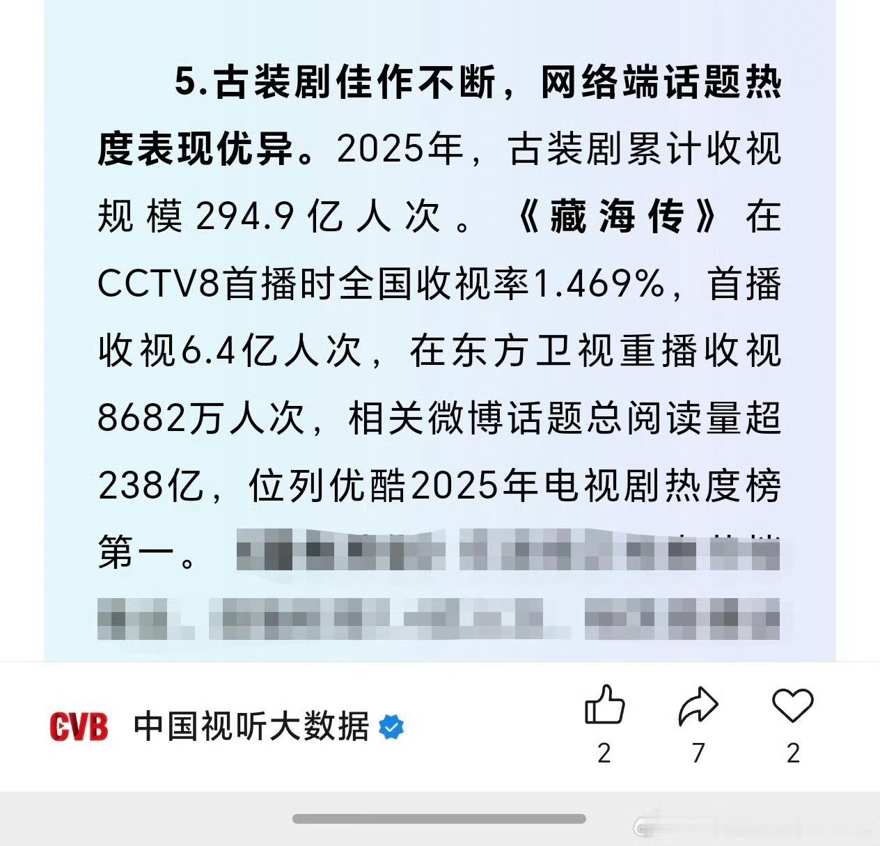 CVB年终报告中提到，古装题材里肖战《藏海传》表现一马当先，在CCTV8首播时全
