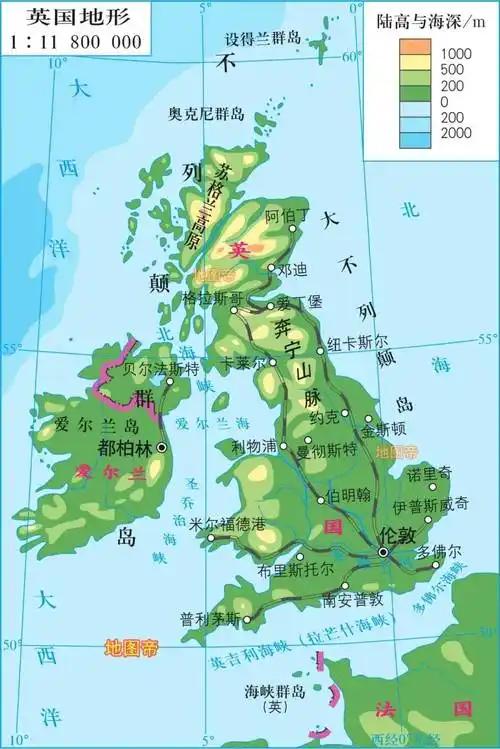 英国地理的一些数据1:英国是一个海岛国家，位于欧洲大陆的西侧，隔着英吉利海峡
