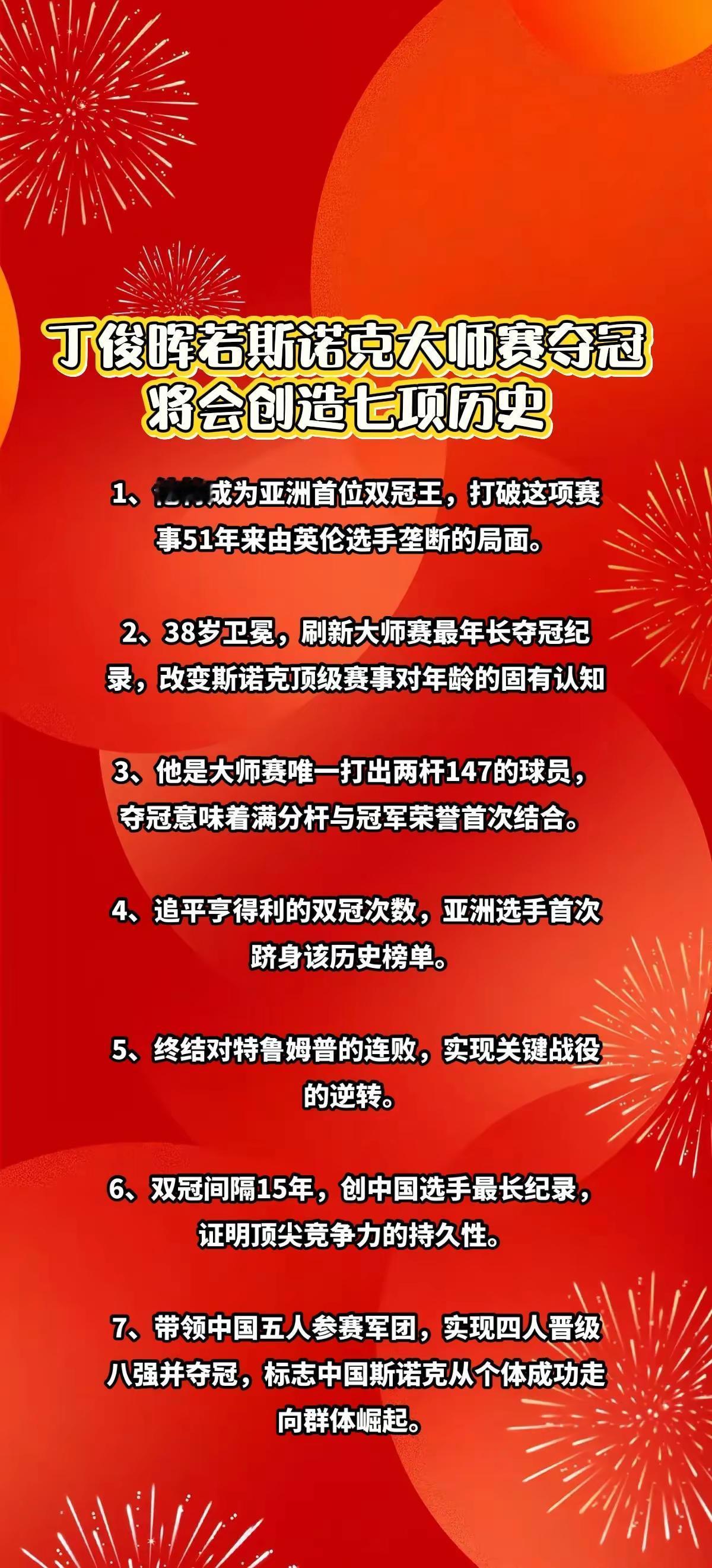 丁俊晖若大师赛夺冠，可能会创造这7个历史。