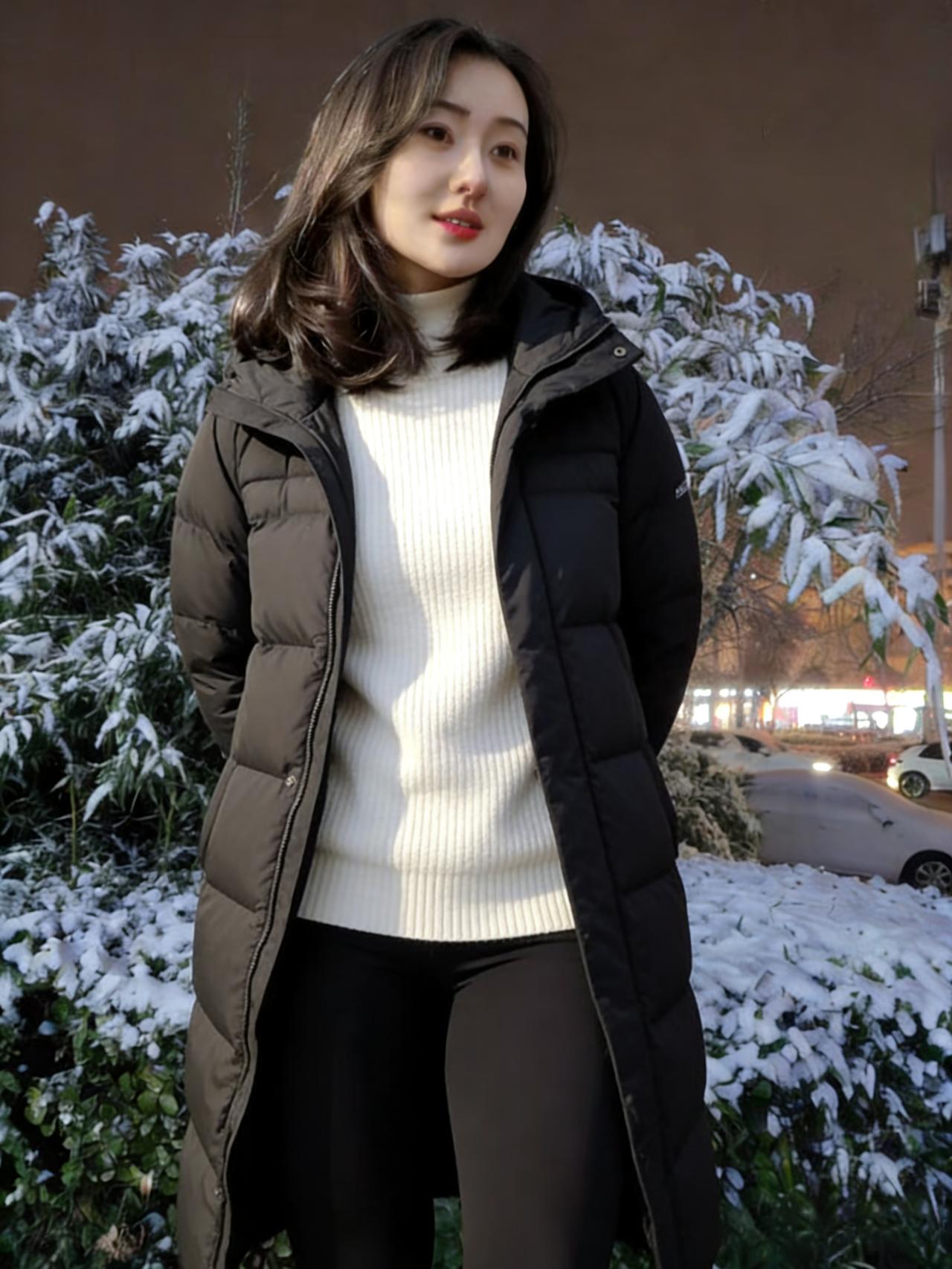 雪覆庭前树，衣披暗夜霜。羽绒凝素影，毛衣漾柔光。鬓发随风舞，唇红映雪芳。车