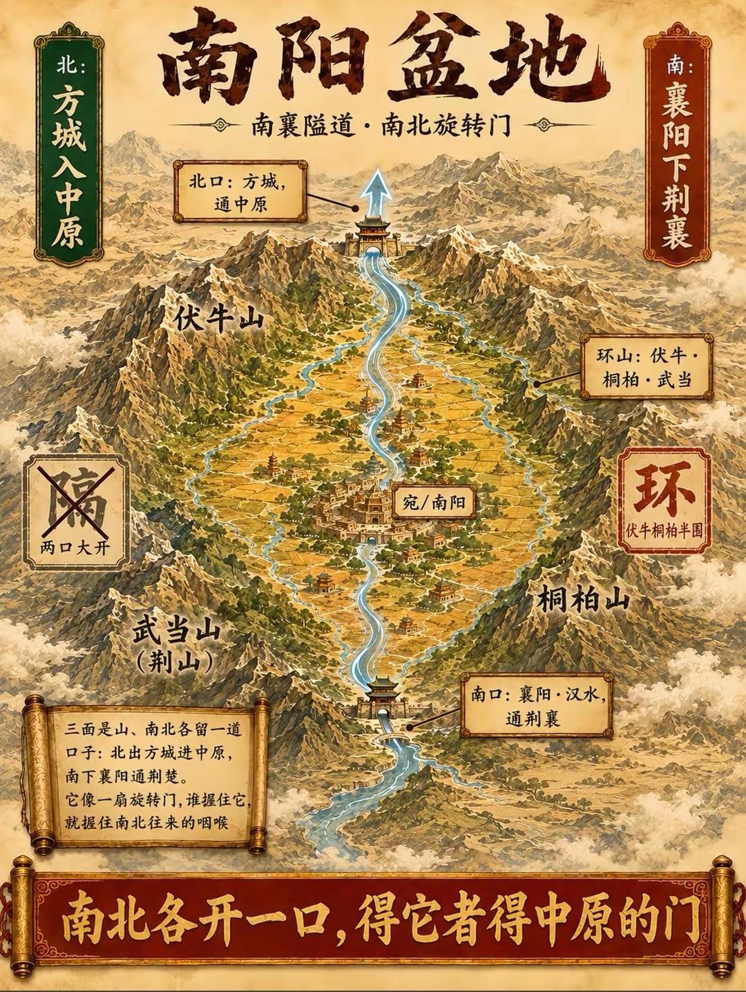 南阳盆地的地貌着实别致，完完全全是被群山拱托而起的马蹄形轮廓。东北西三面皆为山
