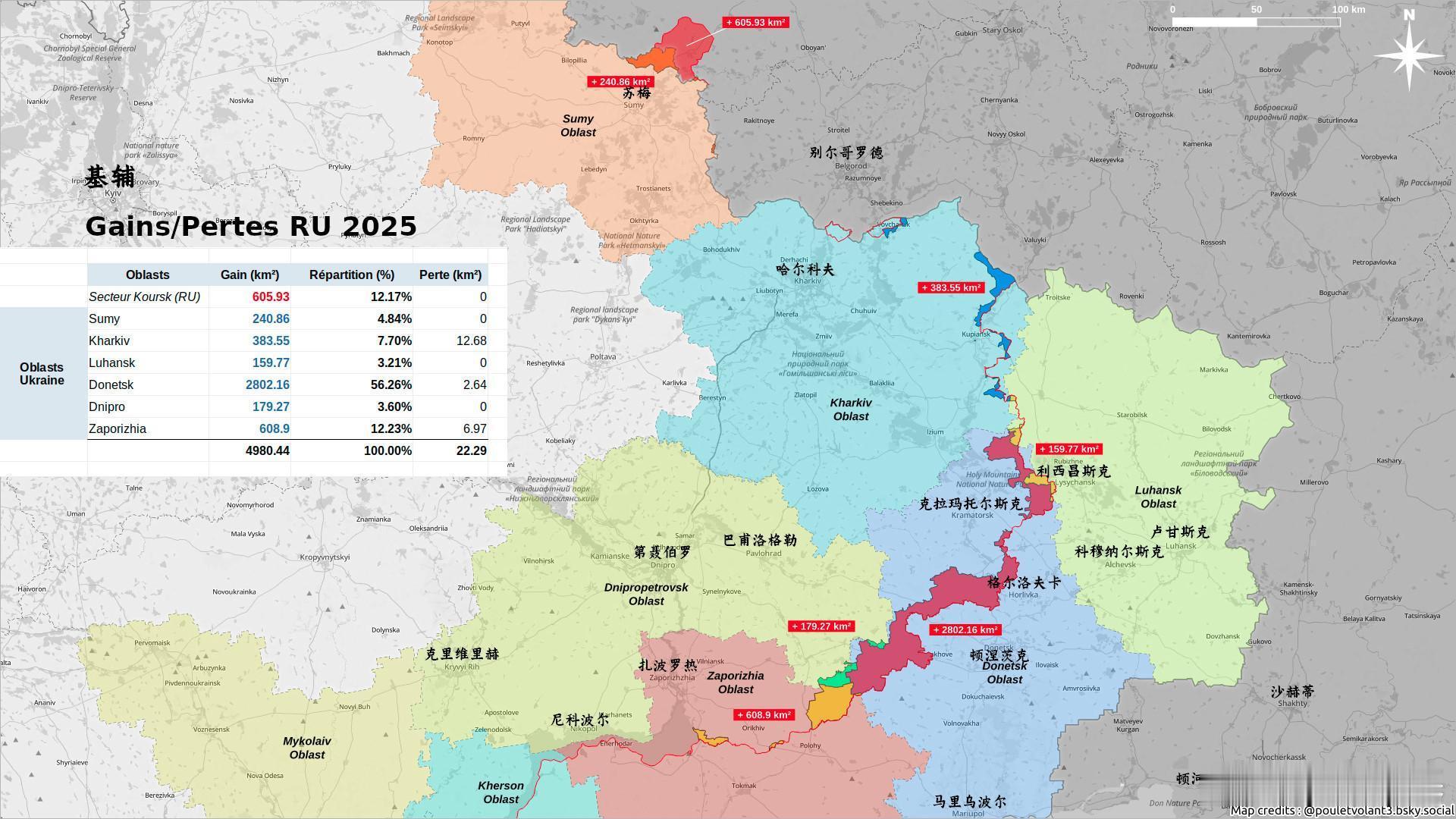 🇷🇺🇺🇦法方信源飞鸡更新俄罗斯2025年在各地区的领土收益：库尔斯克地