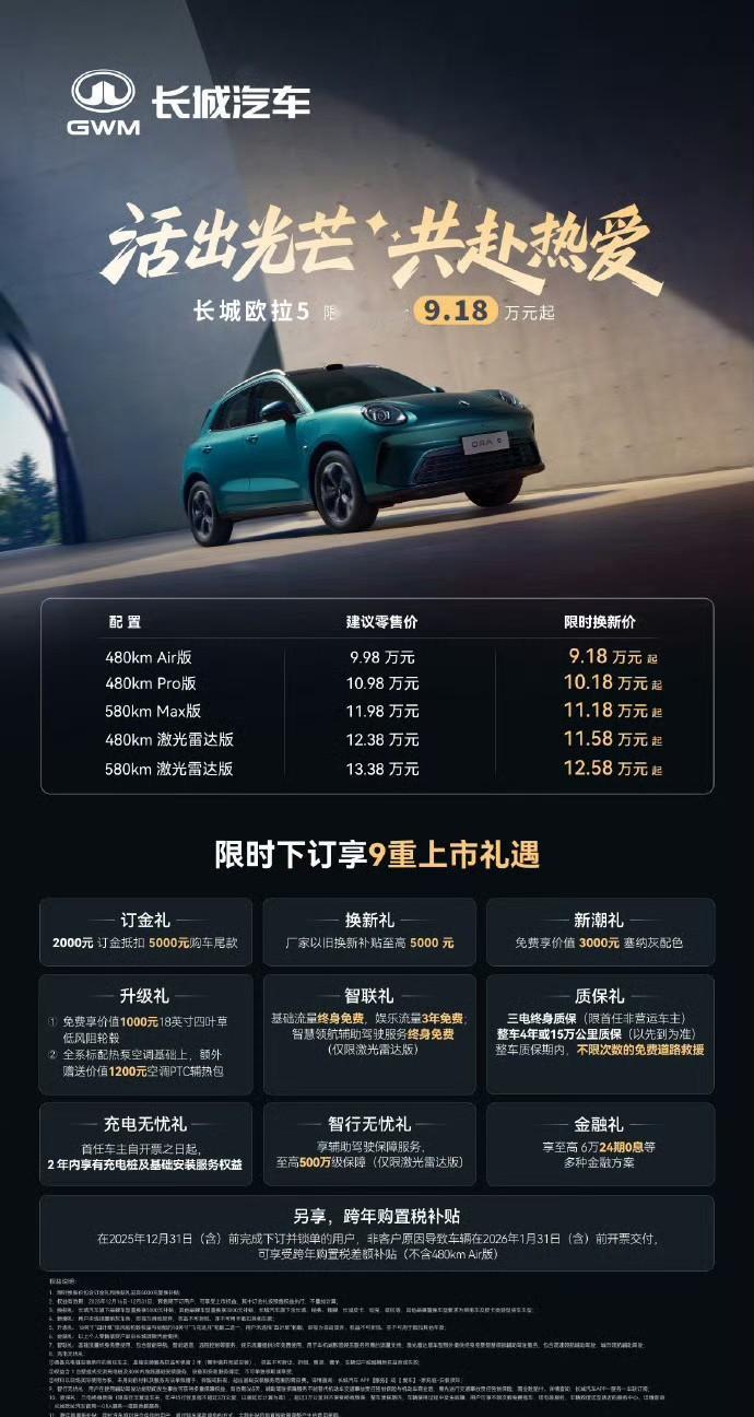 全新长城欧拉5来了，一共五个版本，续航有480公里和580公里两款。起售价9.1