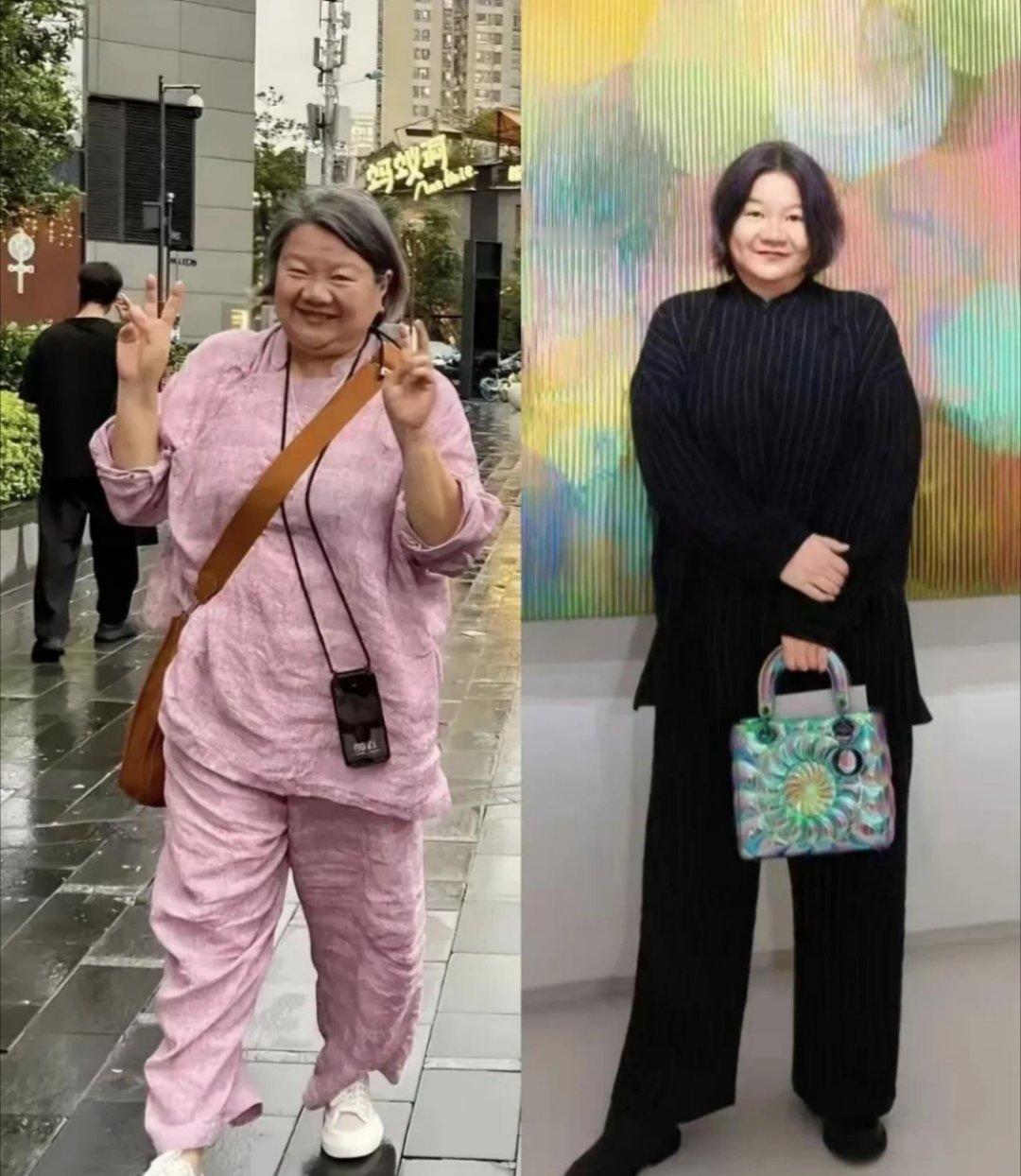 又一个返老还童的明星，洪晃突然瘦身成功，年轻了至少二十岁。以前的洪晃一头白发胖