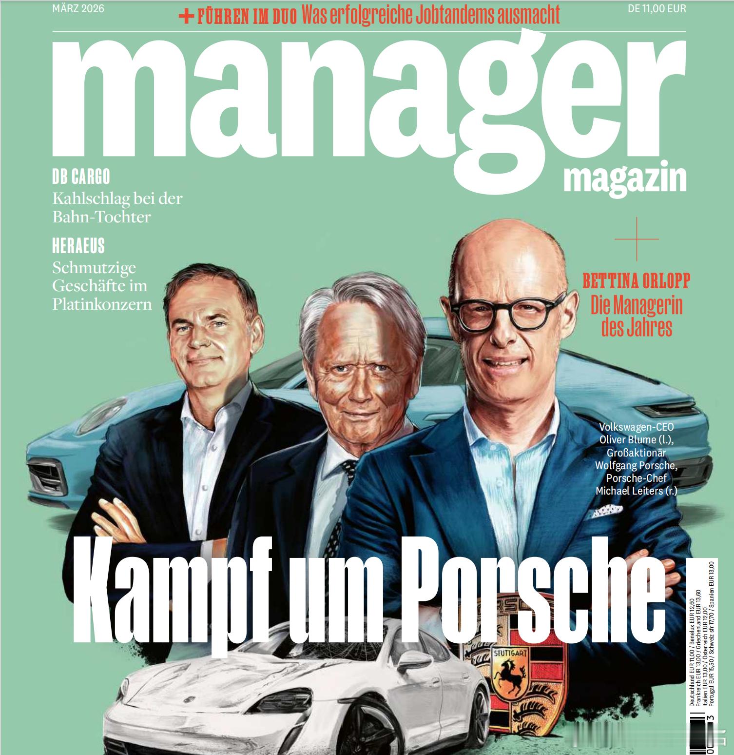 最新一期德国《经理人》杂志封面，主角是大众集团CEO、保时捷新任CEO，以及保时