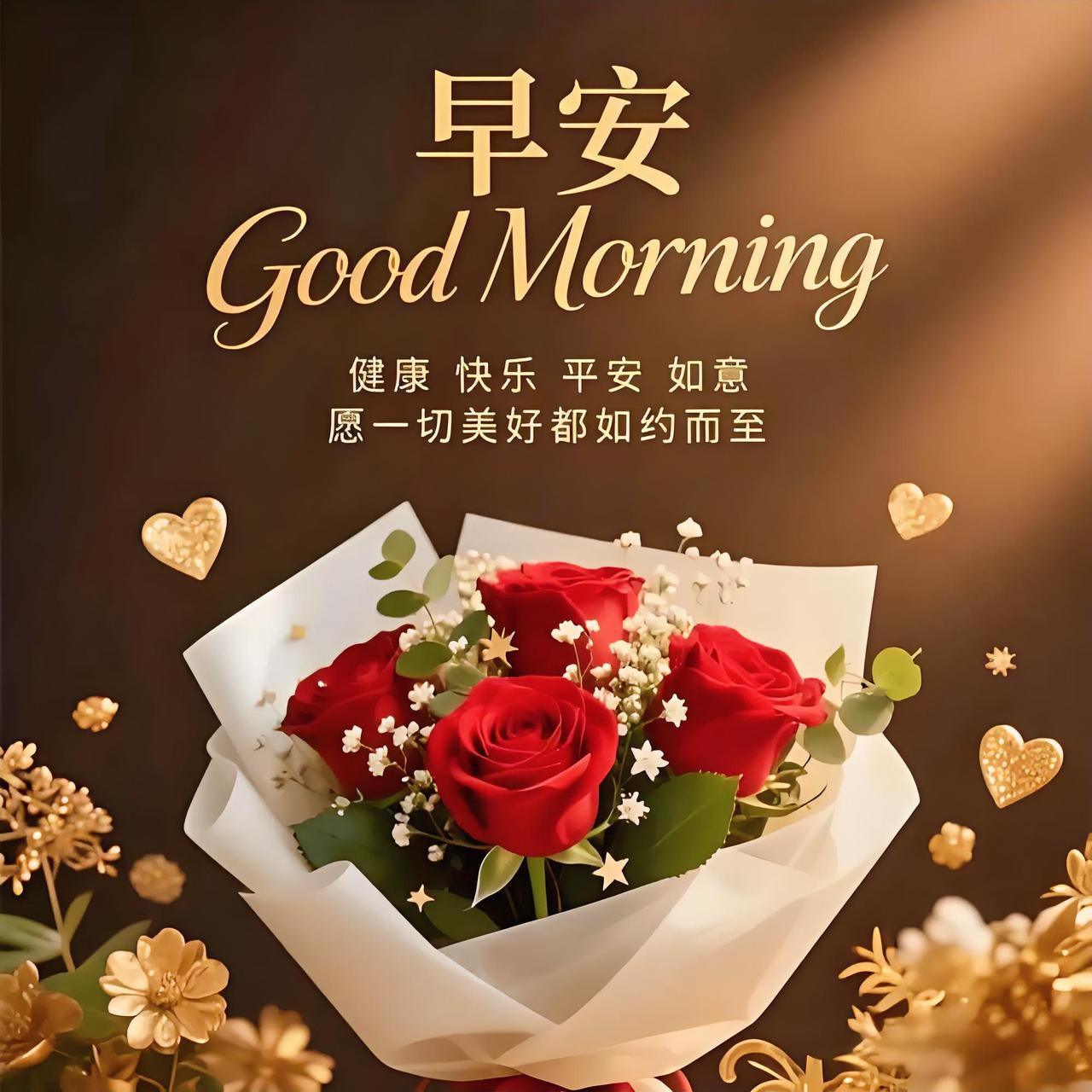 早安！红玫瑰盛放，愿健康快乐平安如意，一切美好都如约而至，暖心好心情。