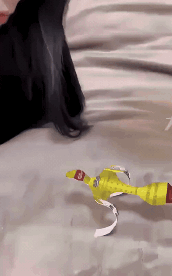 一男一女在家玩小游戏，制作了一个小纸人，看谁吹的像俯卧撑运动一样。小姐姐一抬头